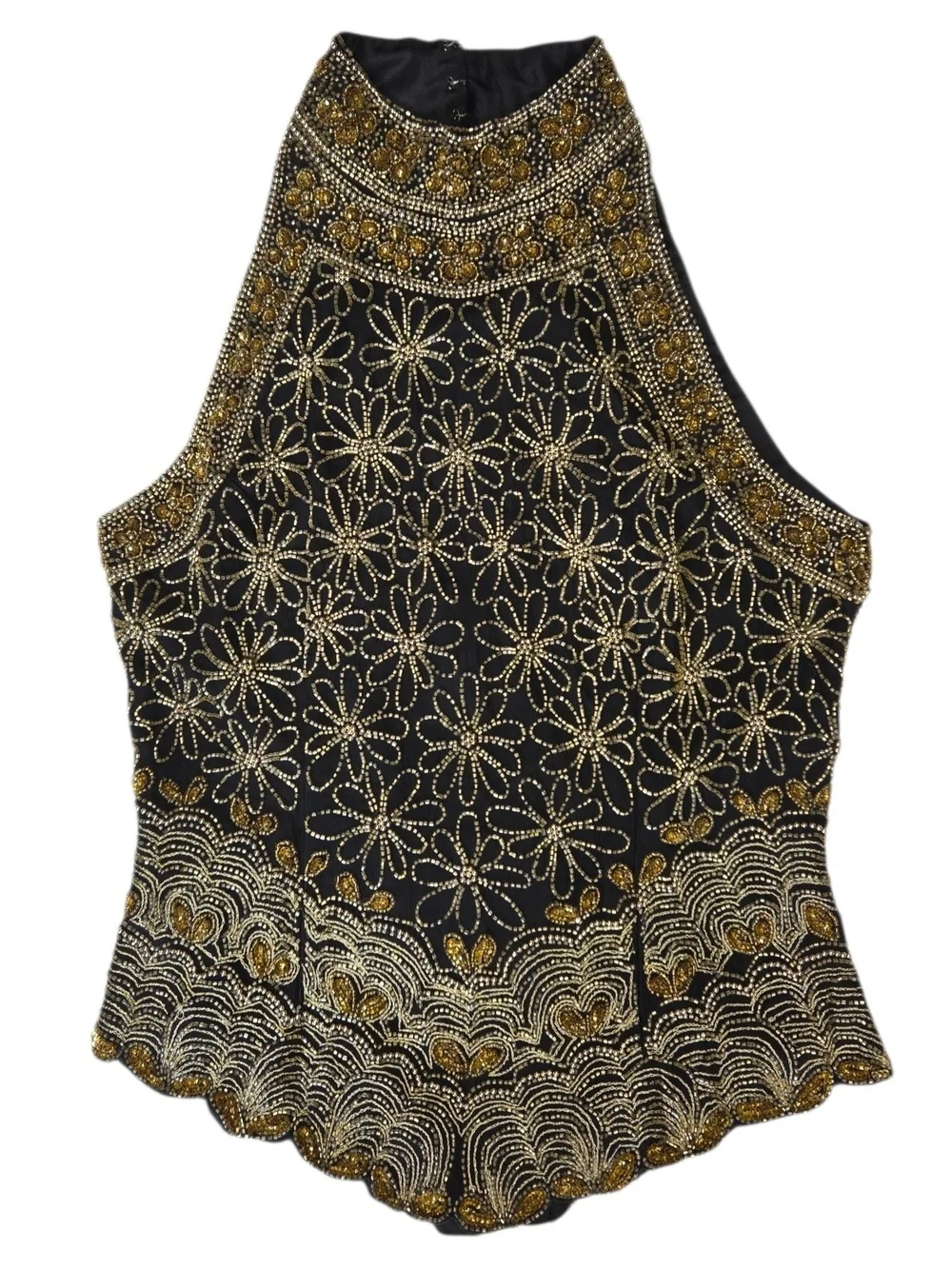 Vintage Laurence Kazar Floral Beaded 100% Silk Black & Gold Halter Top Medium
